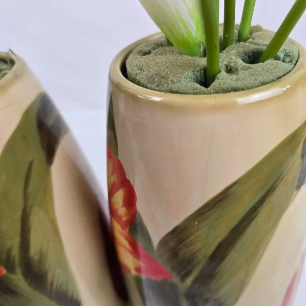 Carolina Pottery 80159 Ceramic Tulip Vases Pair Red Yellow Floral 12.5 Inch Tall